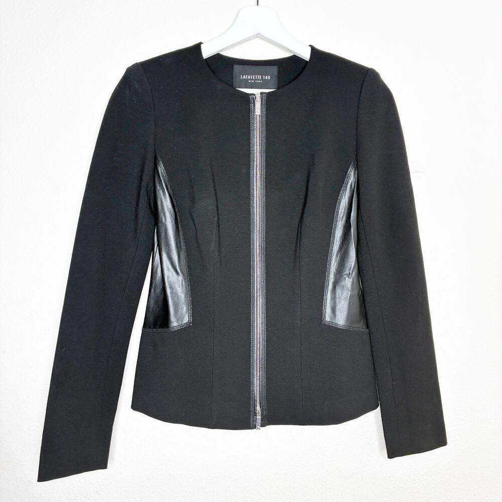 Lafayette 148 Black Stretch Knit Faux Leather Side Panel Jacket 0